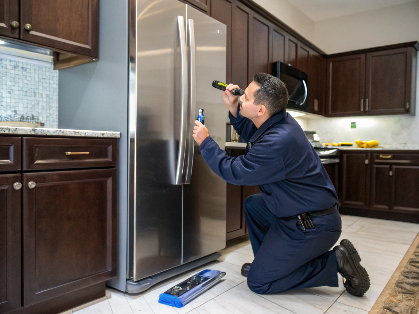 Technician conducting maintenance inspection on modern refrigerator