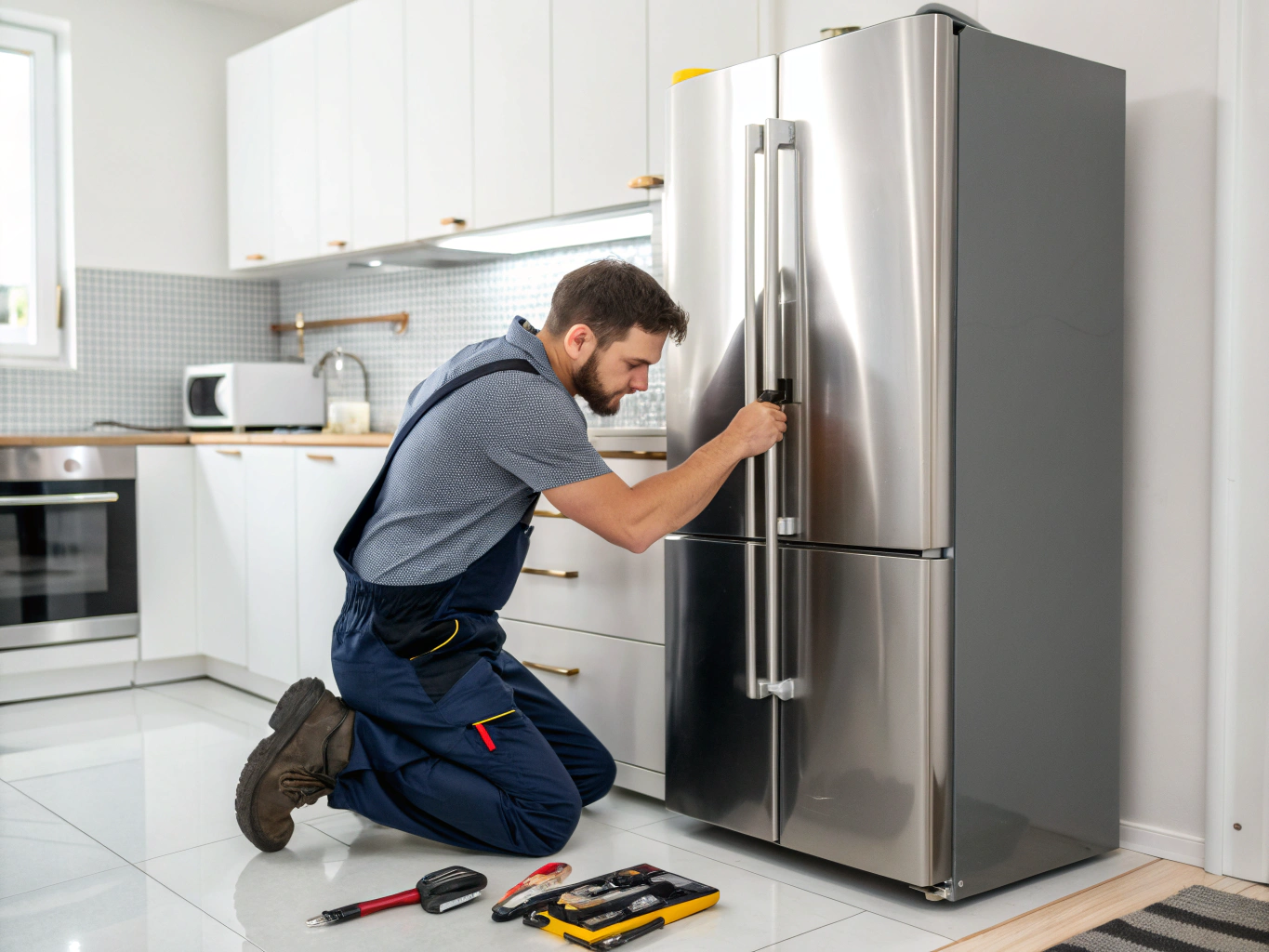 Technician repairing a modern kitchen refrigerator
