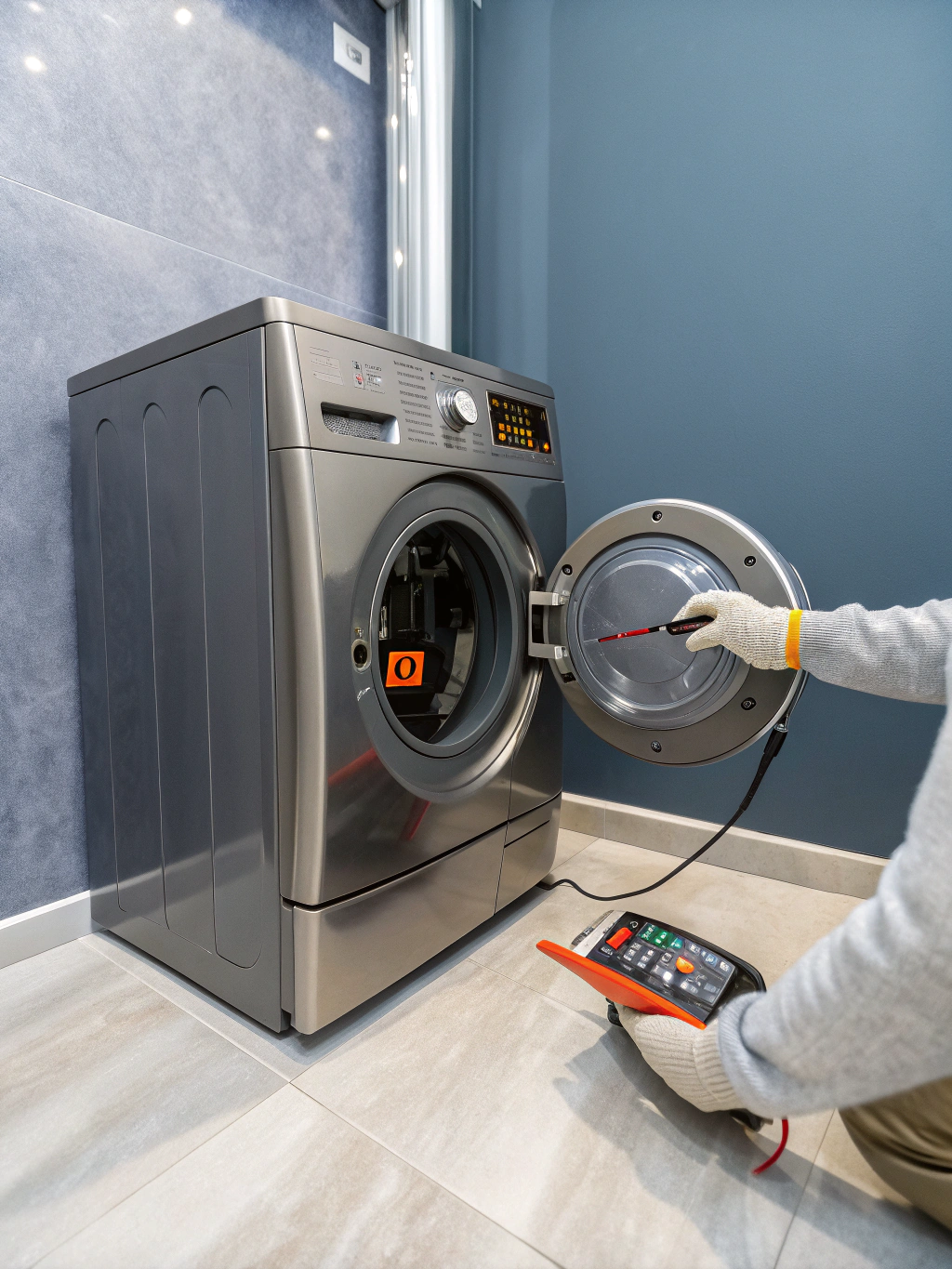 Technician conducting electrical continuity and thermal element testing on clothes dryer