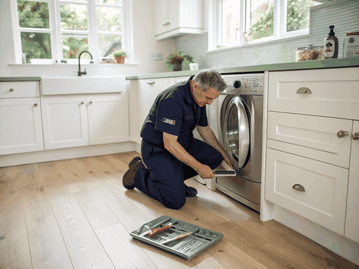 Technician repairing high-end kitchen appliance in Johns Creek home
