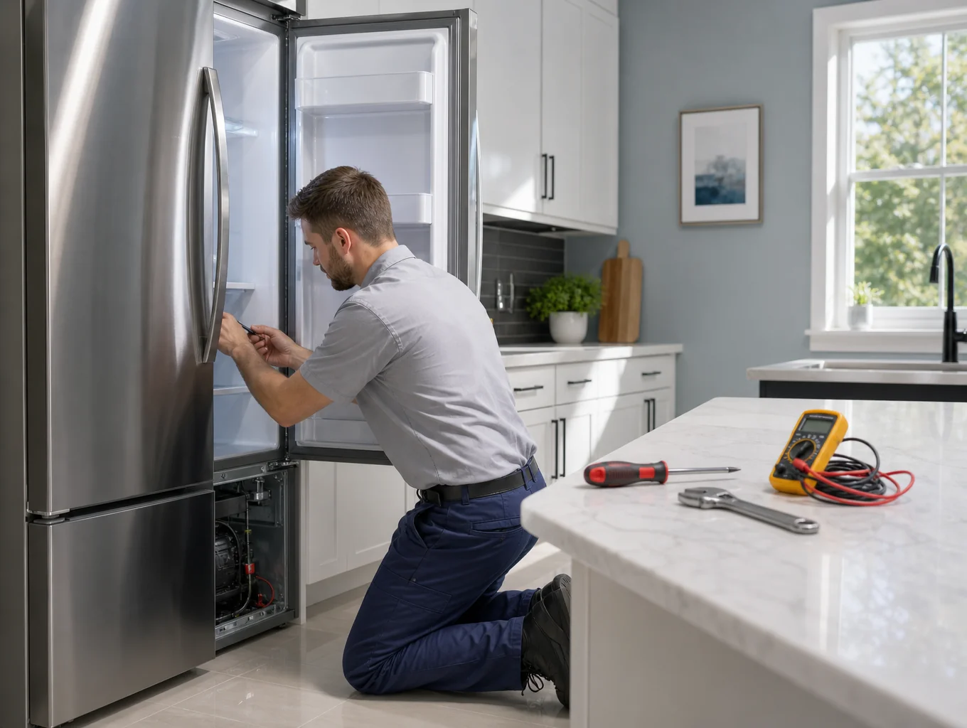 Technician repairing Kenmore Elite appliance in modern kitchen