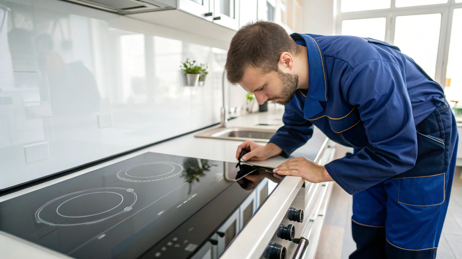 Certified technician testing stainless kitchen appliances and safety systems in Alpharetta