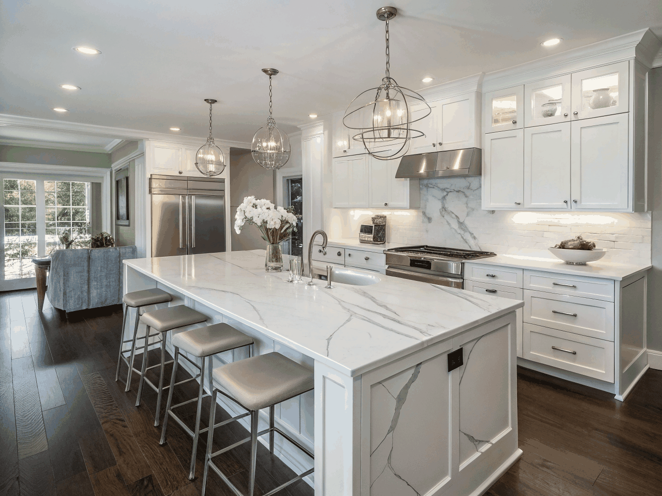 High-end luxury kitchen with built-in stainless steel appliances