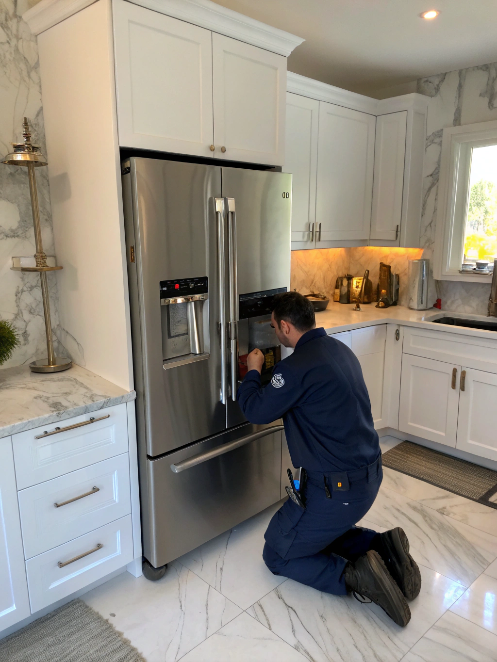 Professional technician diagnosing refrigerator cooling coils and compressor components