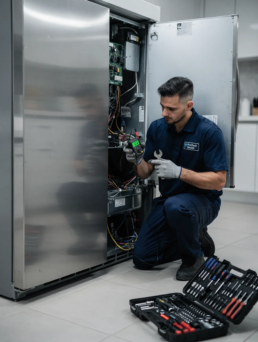 Expert technician diagnosing residential french door refrigerator