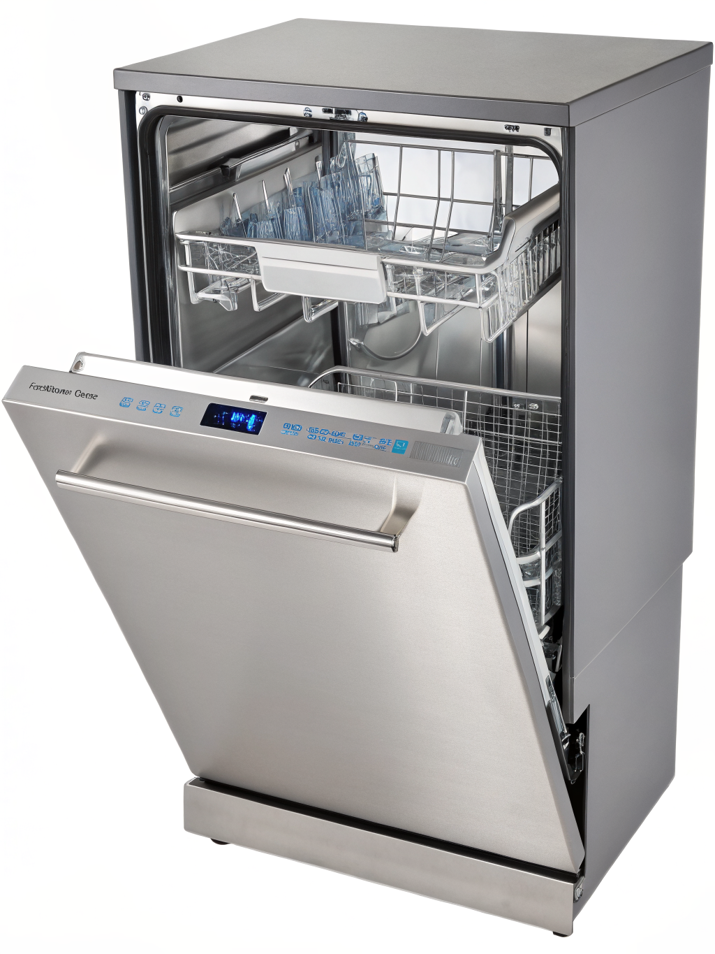 Stainless steel built-in kitchen dishwasher door ajar with clean racks