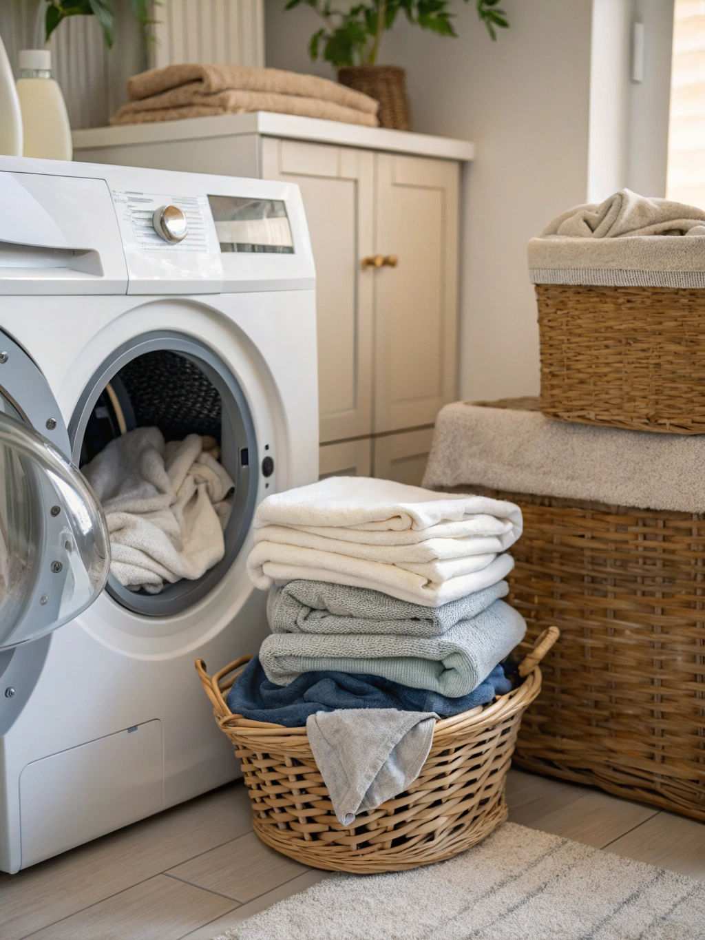 Modern electric clothes dryer inside contemporary utility room