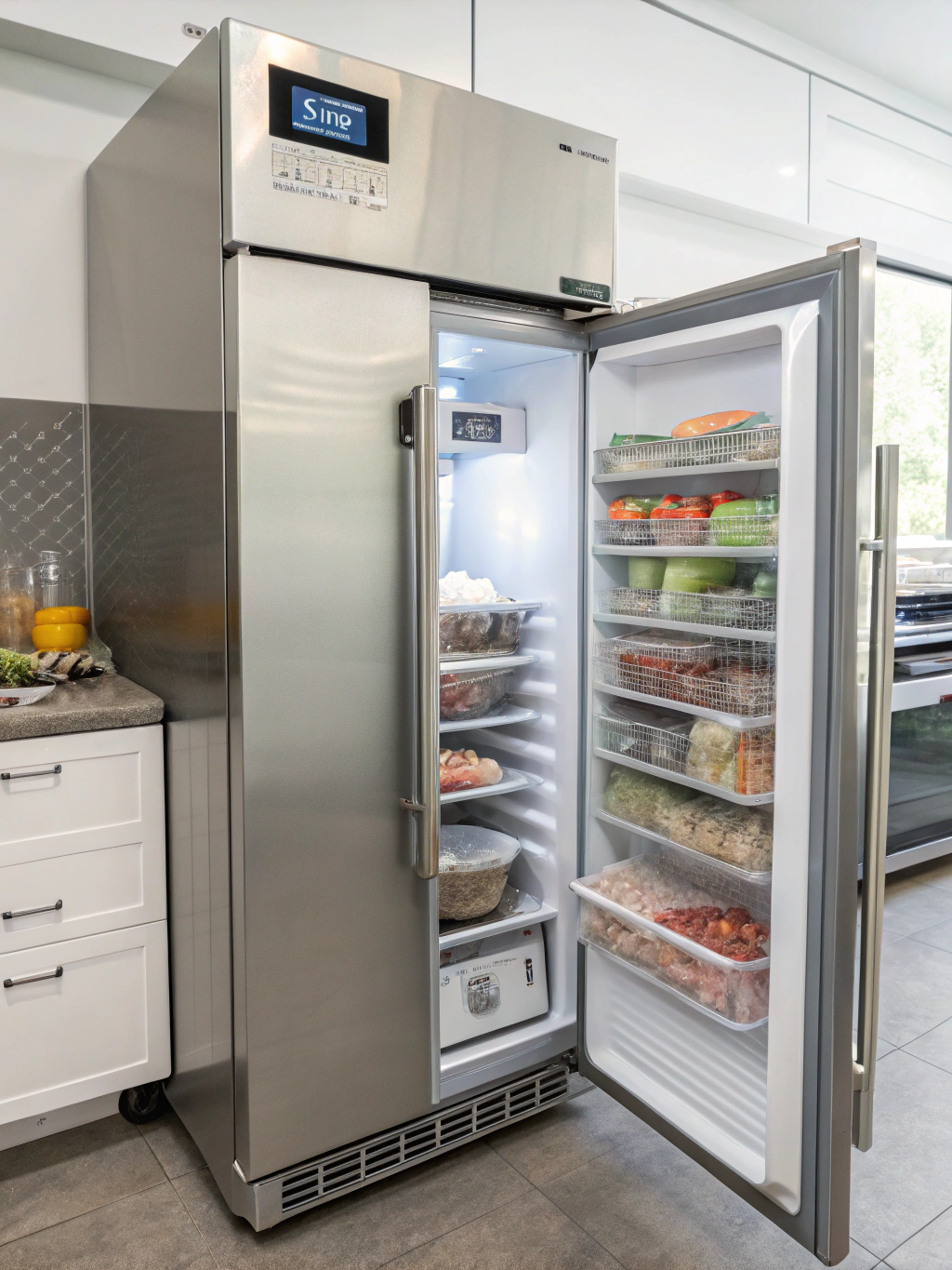 Upright freezer unit with organized frozen compartment