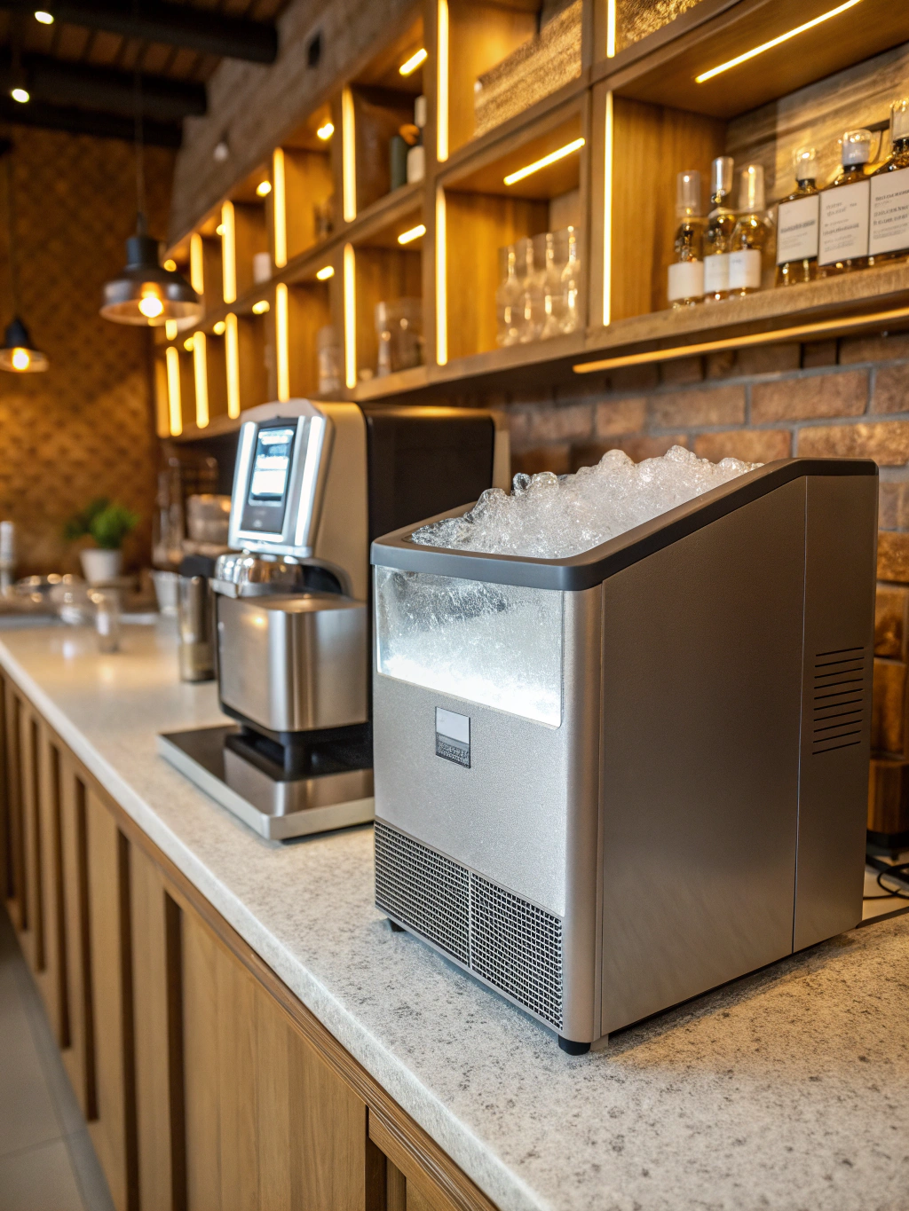 Under counter clear ice maker unit producing fresh ice cubes