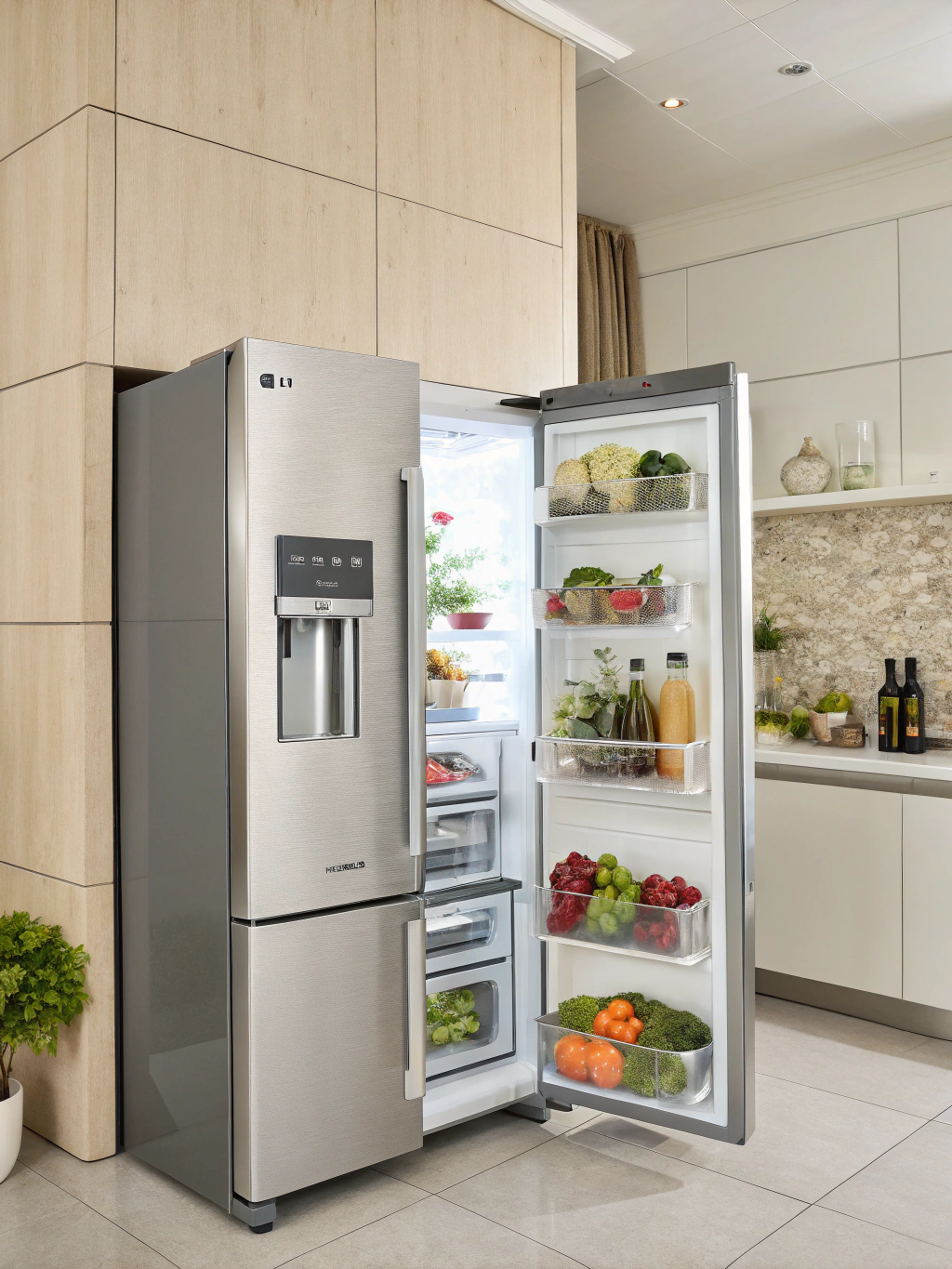 Modern stainless steel french door refrigerator in kitchen