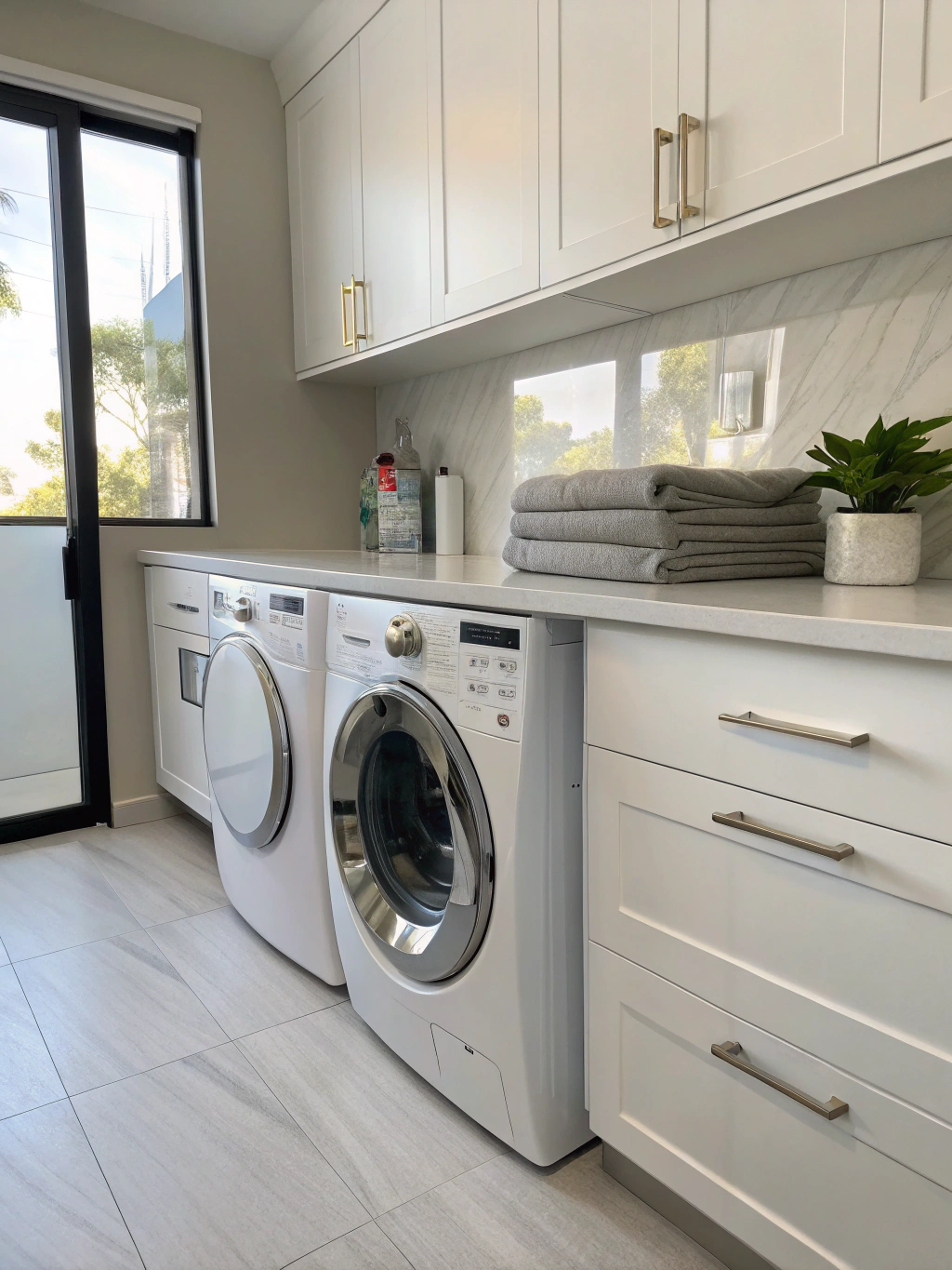 High efficiency front load washing machine in modern laundry room