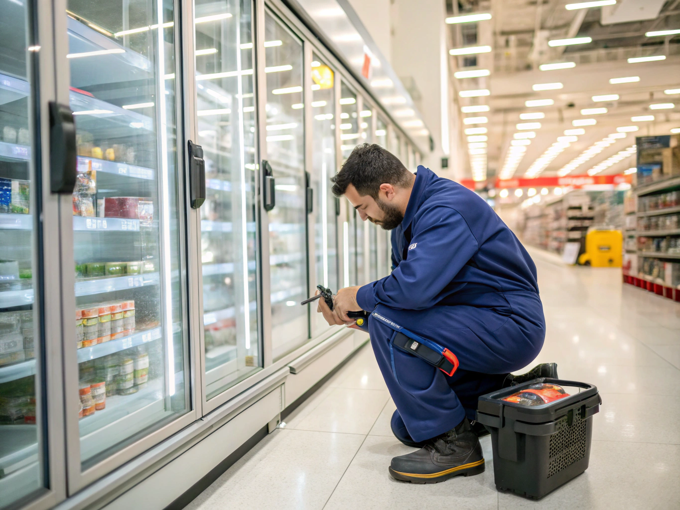 Professional technician inspecting commercial retail display refrigeration