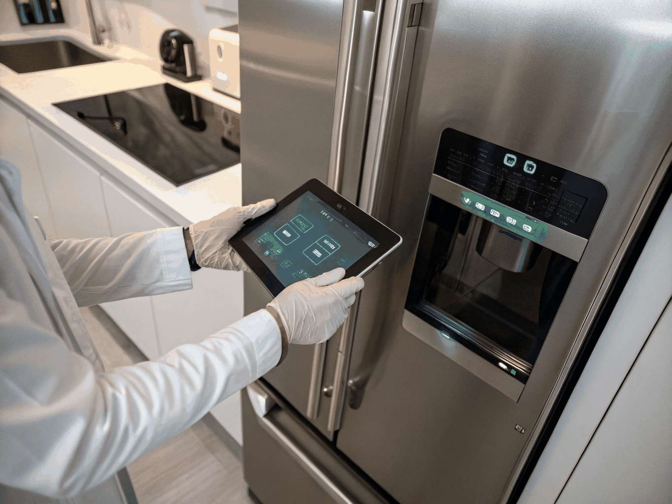 Technician testing smart controls on a Samsung Family Hub refrigerator
