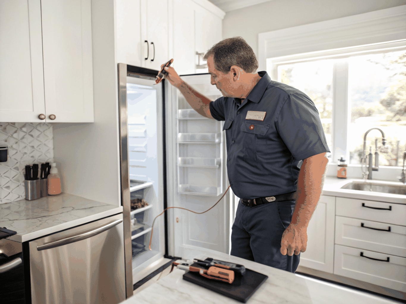 Certified Alpharetta appliance technician testing electrical components with digital multimeter